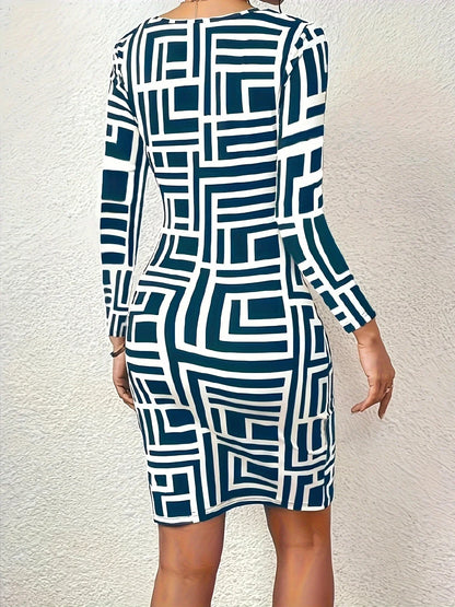 Bodycon Mini Dresses- Long-Sleeve Geometric Print Bodycon Mini Dress - For Hourglass Figures- - IndioGear Women Clothing