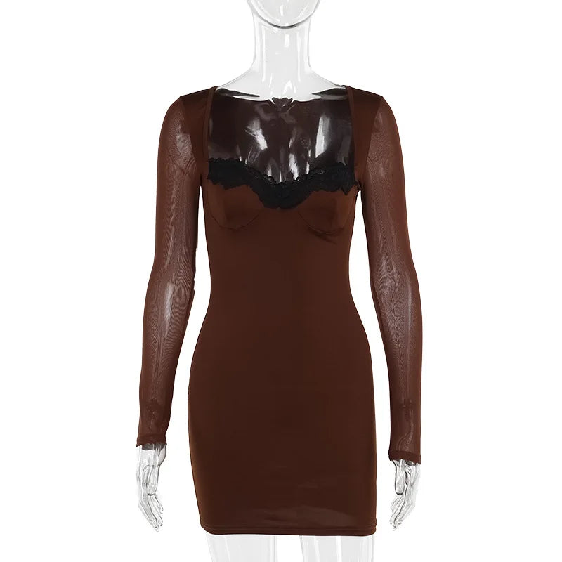 Bodycon Mini Dresses- Sheer Long Sleeve Bodycon Mini Dress with Lace Details