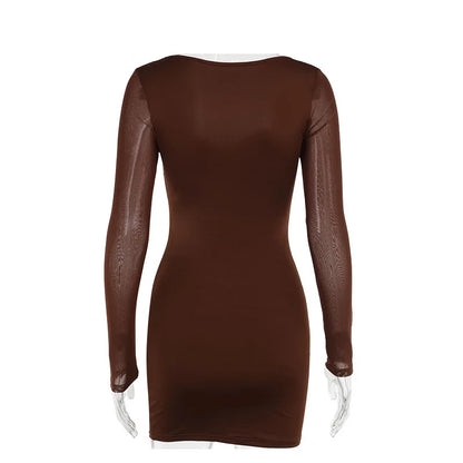 Bodycon Mini Dresses- Sheer Long Sleeve Bodycon Mini Dress with Lace Details