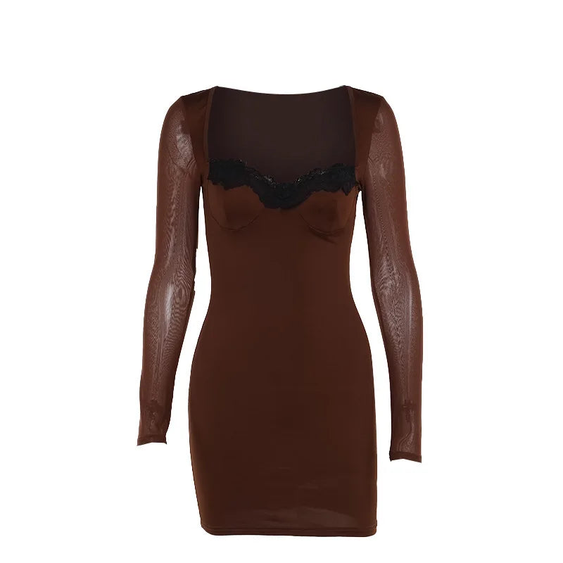 Bodycon Mini Dresses- Sheer Long Sleeve Bodycon Mini Dress with Lace Details