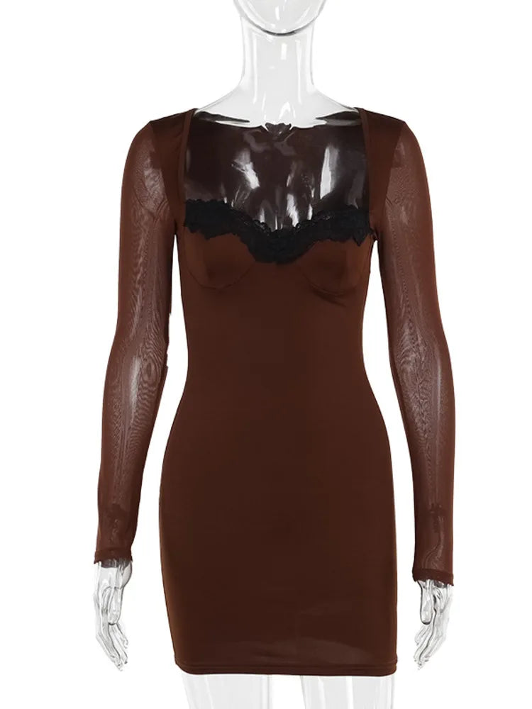 Bodycon Mini Dresses- Sheer Long Sleeve Bodycon Mini Dress with Lace Details