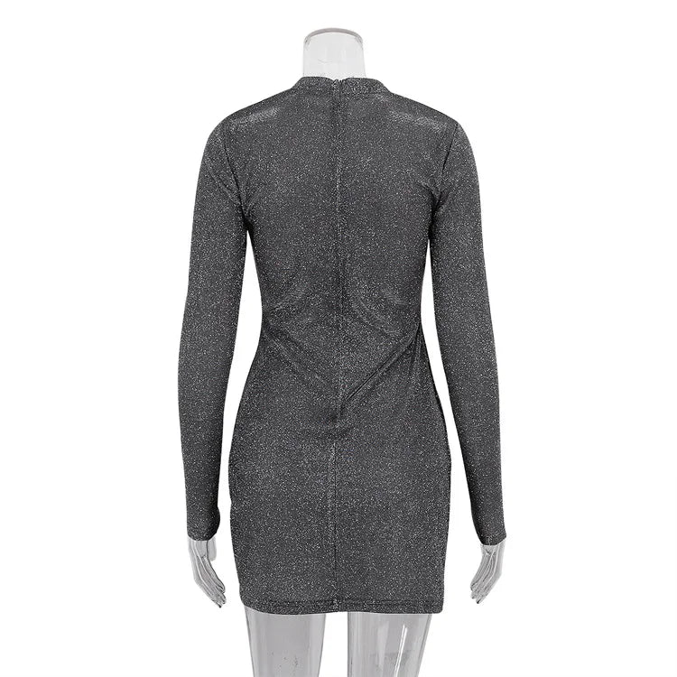 Bodycon Mini Dresses- Silver Glitter Ruched Long Sleeve Party Dress- - IndioGear.com