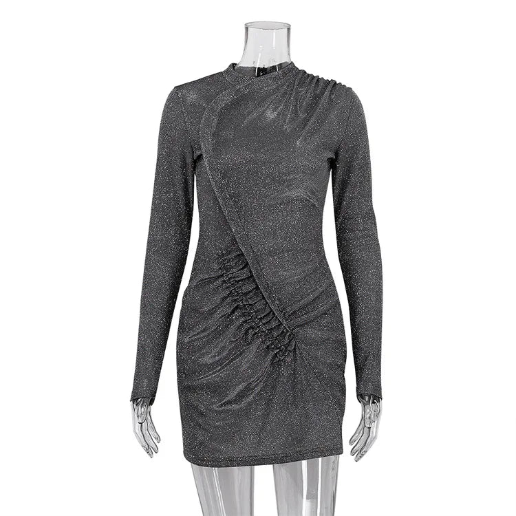 Bodycon Mini Dresses- Silver Glitter Ruched Long Sleeve Party Dress- - IndioGear.com