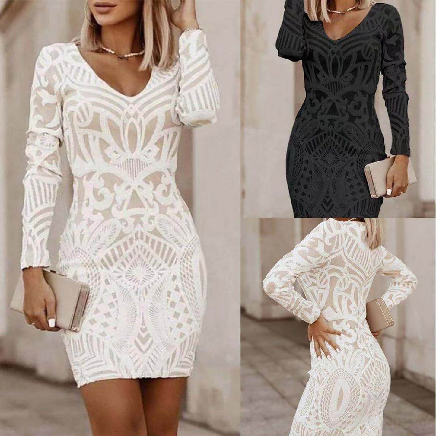 Bodycon Mini Dresses- Sleek and Slim Geometric Mini Dress Evening Wear- - IndioGear.com