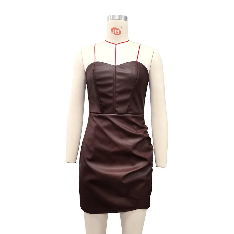 Bodycon Mini Dresses- Strapless Faux Leather Mini Dress