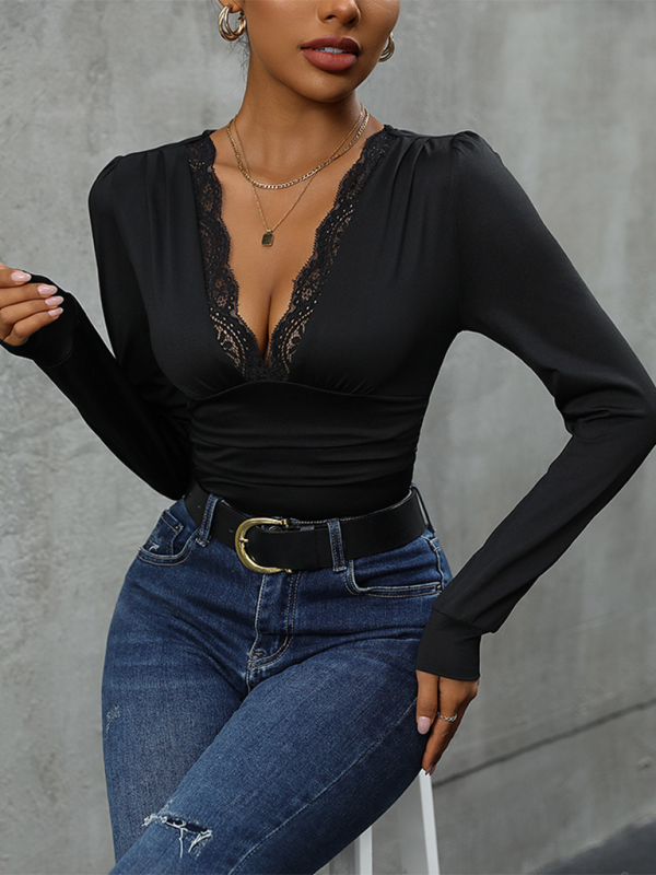 Bodysuits- Elegant Lace V-Neck Bodysuit - Women's Slim Fit Top- Black- IndioGear.com