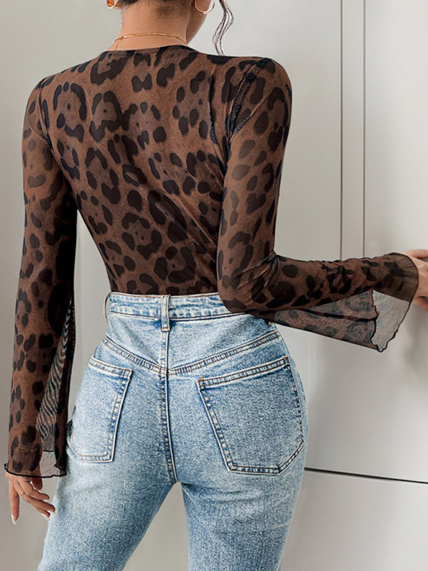 Bodysuits- Elegant Leopard Lace Bodysuit Retro Flair Top- - IndioGear Women Clothing