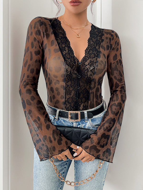 Bodysuits- Elegant Leopard Lace Bodysuit Retro Flair Top- - IndioGear Women Clothing