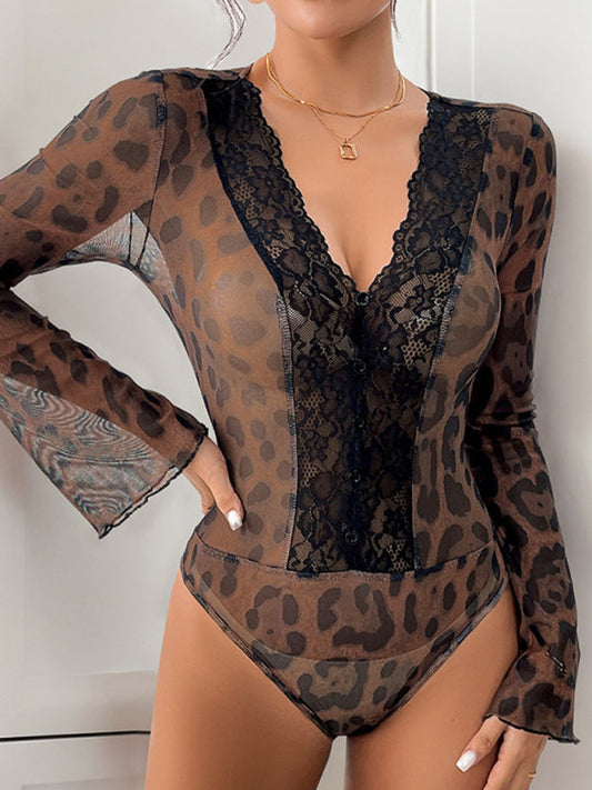 Bodysuits- Elegant Leopard Lace Bodysuit Retro Flair Top- Coffee- IndioGear Women Clothing