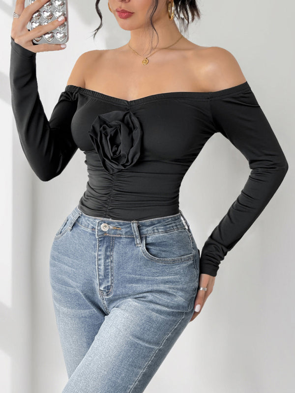 Bodysuits- Floral Applique Off-Shoulder Bodysuit for Cocktail Parties- - IndioGear Women Clothing