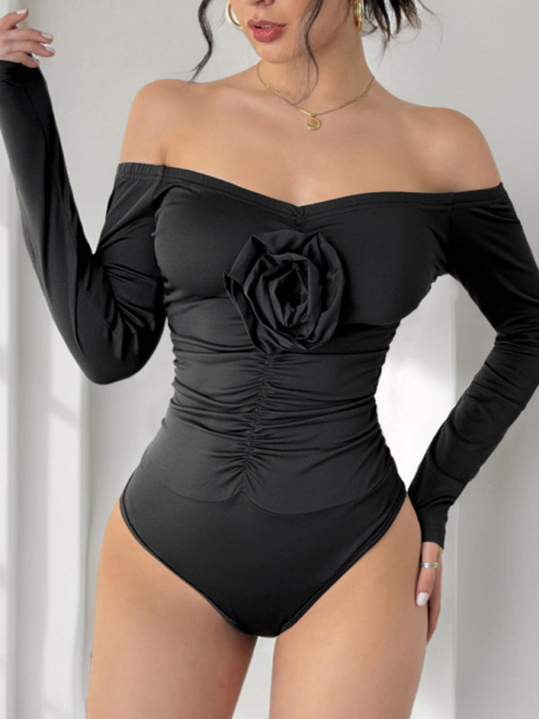 Bodysuits- Floral Applique Off-Shoulder Bodysuit for Cocktail Parties- - IndioGear Women Clothing