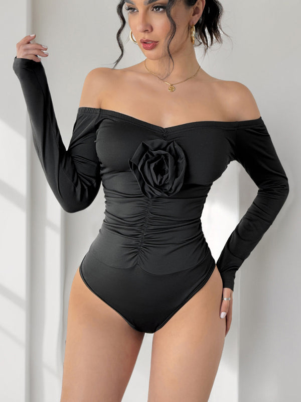 Bodysuits- Floral Applique Off-Shoulder Bodysuit for Cocktail Parties- - IndioGear Women Clothing