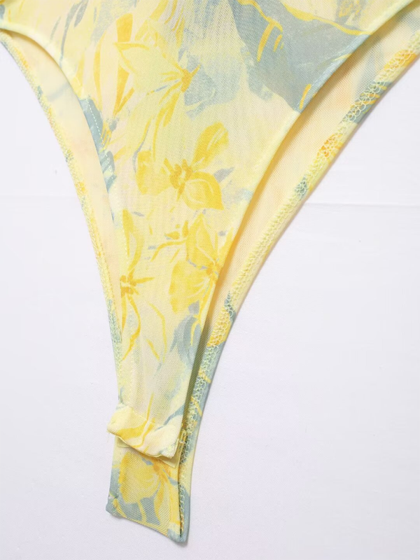 Bodysuits- Floral Wrapped Ruched Bodysuit- - IndioGear.com