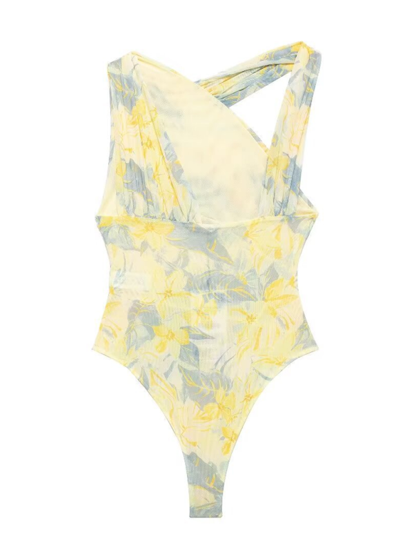 Bodysuits- Floral Wrapped Ruched Bodysuit- - IndioGear.com