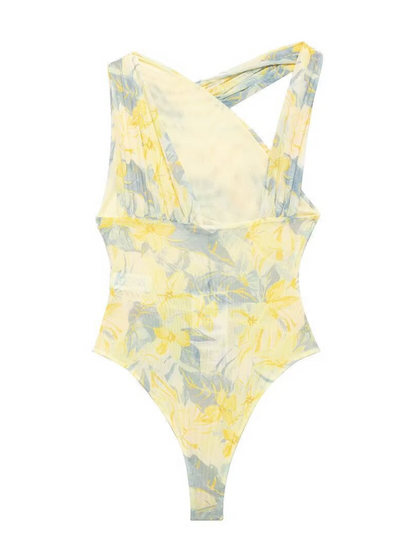 Bodysuits- Floral Wrapped Ruched Bodysuit- - IndioGear.com