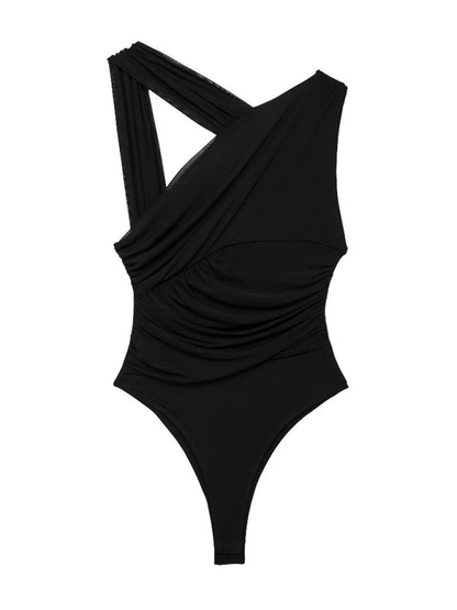 Bodysuits- Floral Wrapped Ruched Bodysuit- Black- IndioGear.com