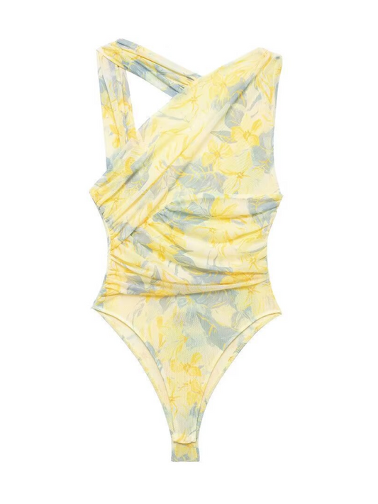 Bodysuits- Floral Wrapped Ruched Bodysuit- Light yellow- IndioGear.com