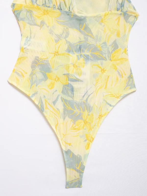 Bodysuits- Floral Wrapped Ruched Bodysuit- - IndioGear.com