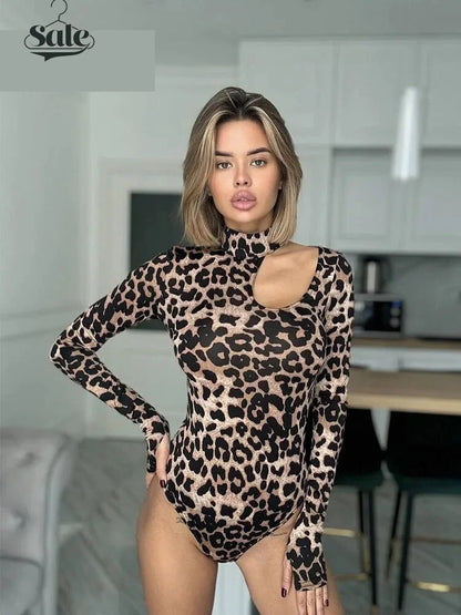 Bodysuits- Leopard Print Cutout Bodysuit High Neck Top with Long Sleeves- - IndioGear Women Clothing