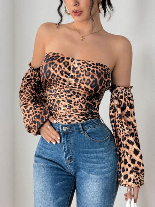 Bodysuits- Leopard Print Off-Shoulder Bodysuit with Dramatic Sleeves- Coffee- IndioGear Women Clothing