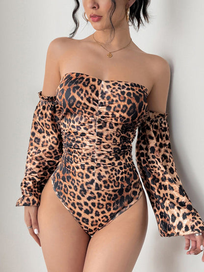 Bodysuits- Leopard Print Off-Shoulder Bodysuit with Dramatic Sleeves- - IndioGear Women Clothing