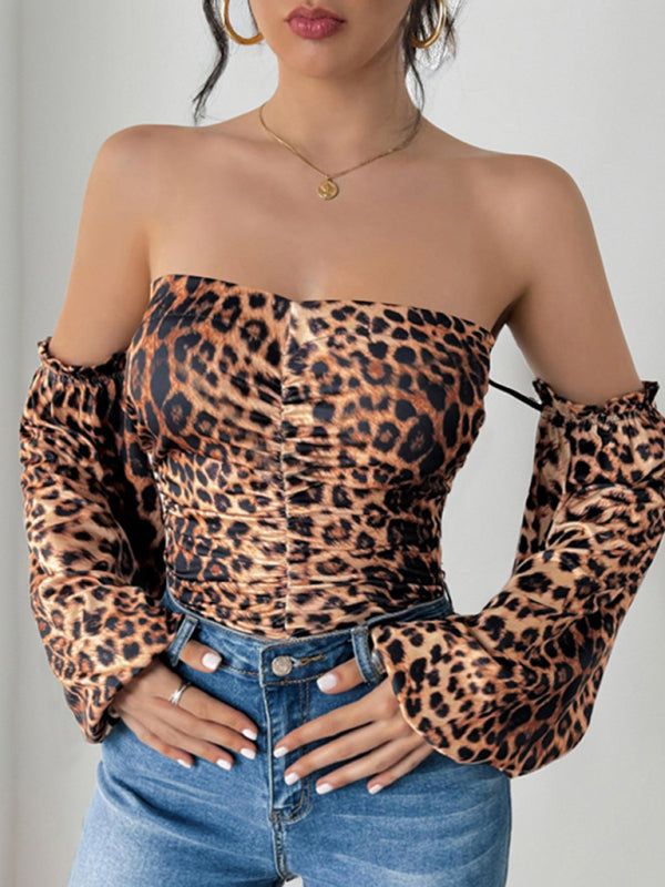 Bodysuits- Leopard Print Off-Shoulder Bodysuit with Dramatic Sleeves- - IndioGear Women Clothing