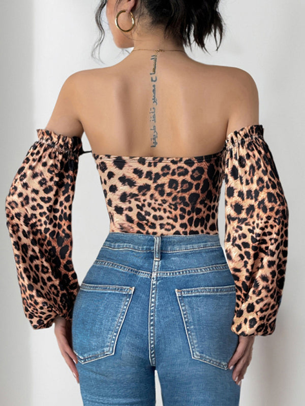 Bodysuits- Leopard Print Off-Shoulder Bodysuit with Dramatic Sleeves- - IndioGear Women Clothing