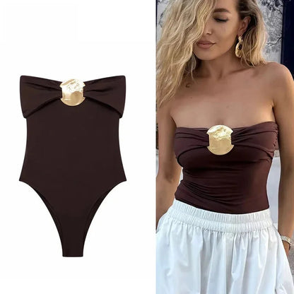 Bodysuits- Minimalist Strapless Bodysuit with Elegant Medallion- - IndioGear