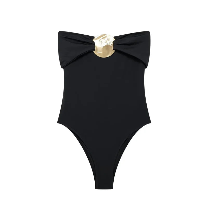 Bodysuits- Minimalist Strapless Bodysuit with Elegant Medallion- - IndioGear