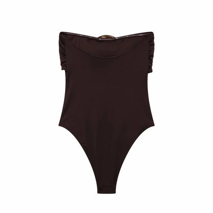 Bodysuits- Minimalist Strapless Bodysuit with Elegant Medallion- - IndioGear