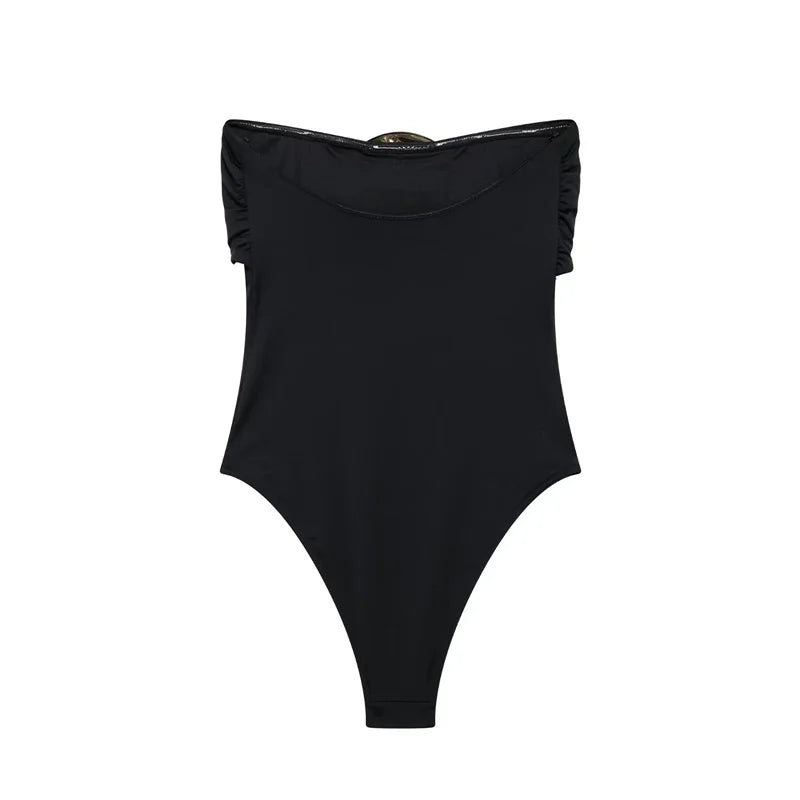 Bodysuits- Minimalist Strapless Bodysuit with Elegant Medallion- - IndioGear