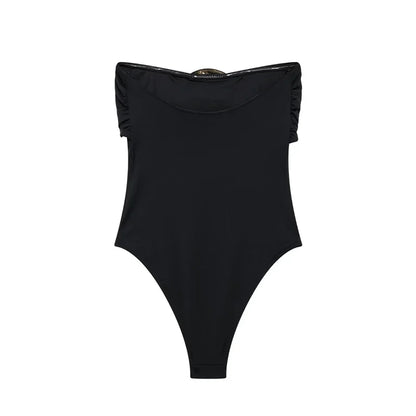 Bodysuits- Minimalist Strapless Bodysuit with Elegant Medallion- - IndioGear