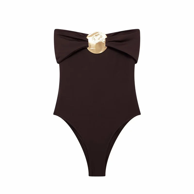 Bodysuits- Minimalist Strapless Bodysuit with Elegant Medallion- - IndioGear