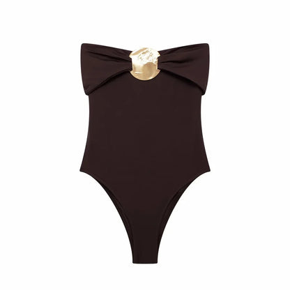 Bodysuits- Minimalist Strapless Bodysuit with Elegant Medallion- - IndioGear