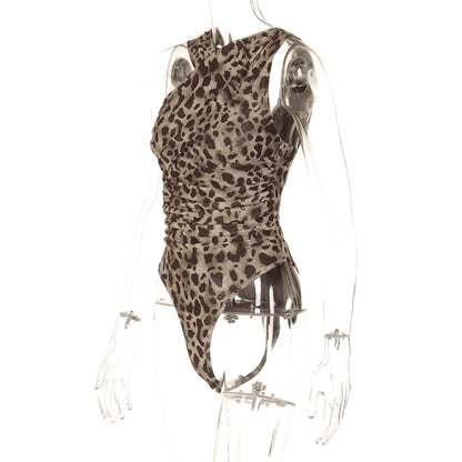 Bodysuits- Women Animal Print Ruched One-Shoulder Top Bodysuit- - IndioGear.com