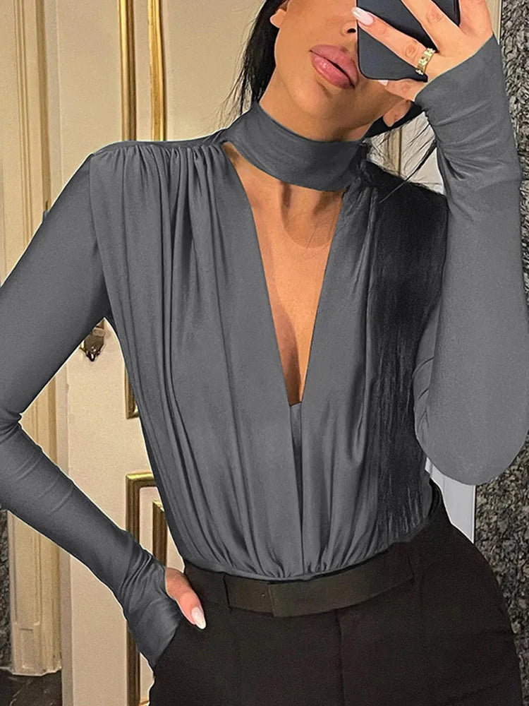 Bodysuits- Women Plunging Choker Bodysuit - Top for Clubbing and Festivals- - IndioGear.com