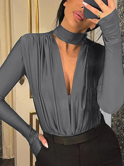 Bodysuits- Women Plunging Choker Bodysuit - Top for Clubbing and Festivals- - IndioGear.com