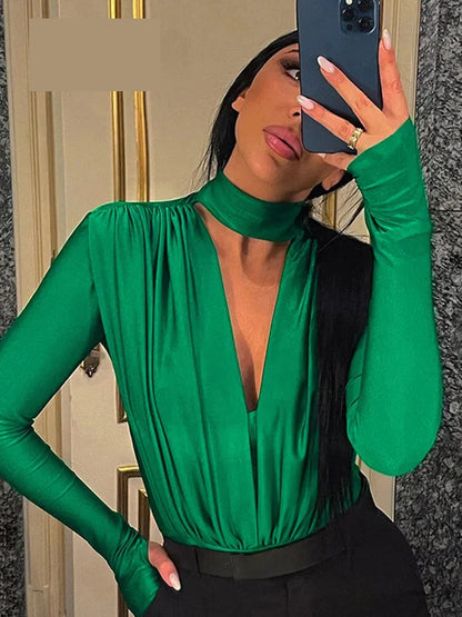 Bodysuits- Women Plunging Choker Bodysuit - Top for Clubbing and Festivals- - IndioGear.com