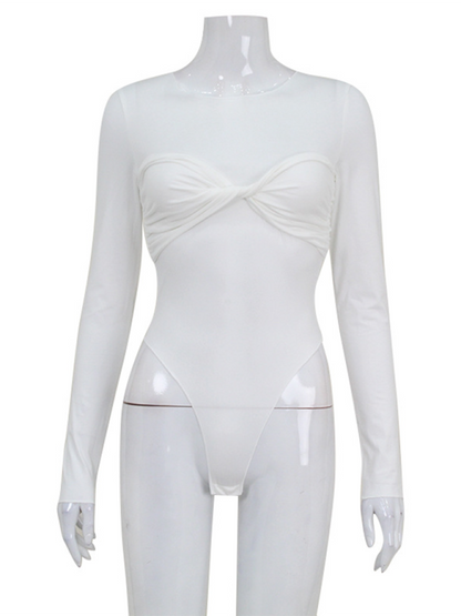 Bodysuits- Women’s Solid Long Sleeve Bowknot Bodysuit- White- IndioGear.com