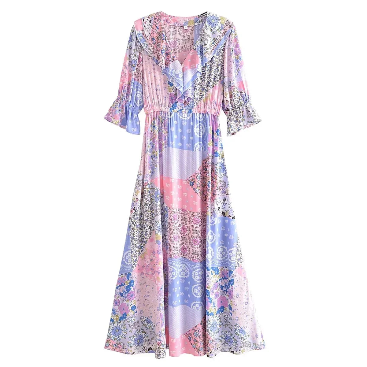 Boho Dresses- Boho Frill V-Neck 100% Viscose Dress Floral Print- - IndioGear.com