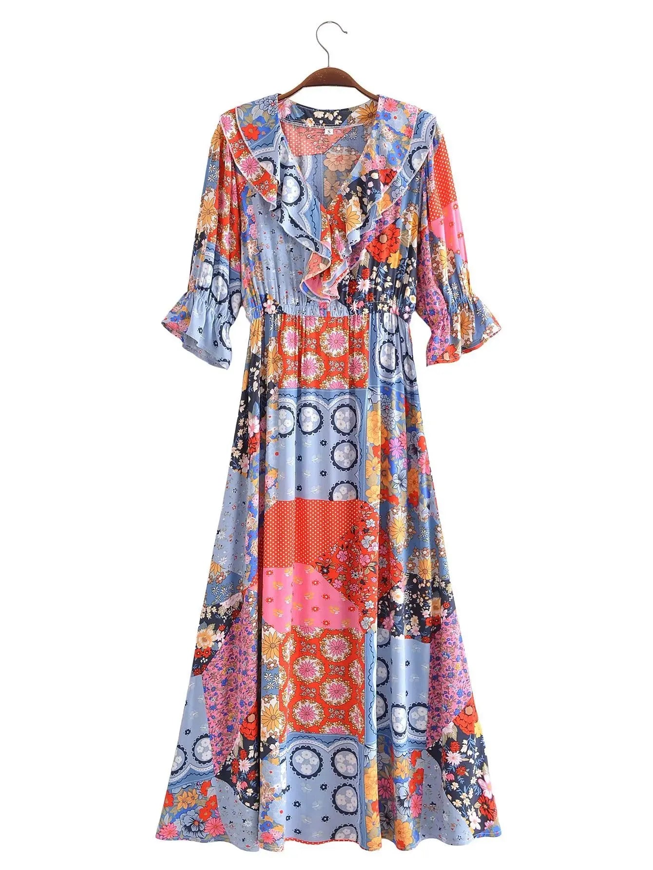 Boho Dresses- Boho Frill V-Neck 100% Viscose Dress Floral Print- - IndioGear.com