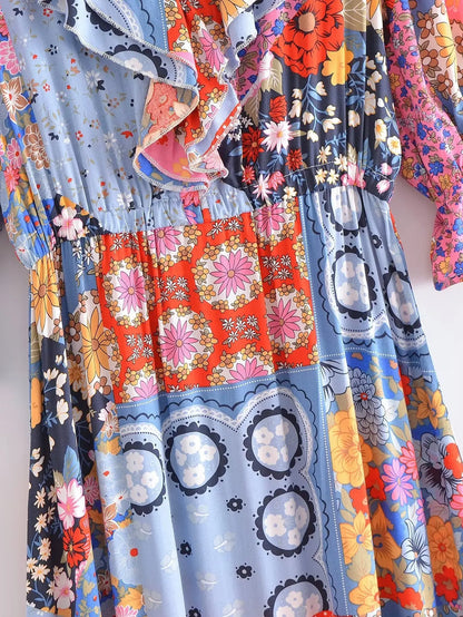 Boho Dresses- Boho Frill V-Neck 100% Viscose Dress Floral Print- - IndioGear.com