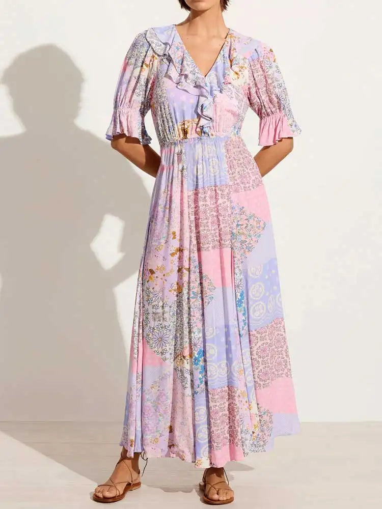 Boho Dresses- Boho Frill V-Neck 100% Viscose Dress Floral Print- - IndioGear.com