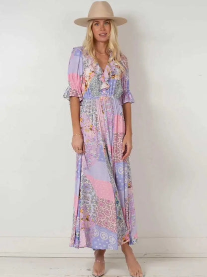 Boho Dresses- Boho Frill V-Neck 100% Viscose Dress Floral Print- - IndioGear.com