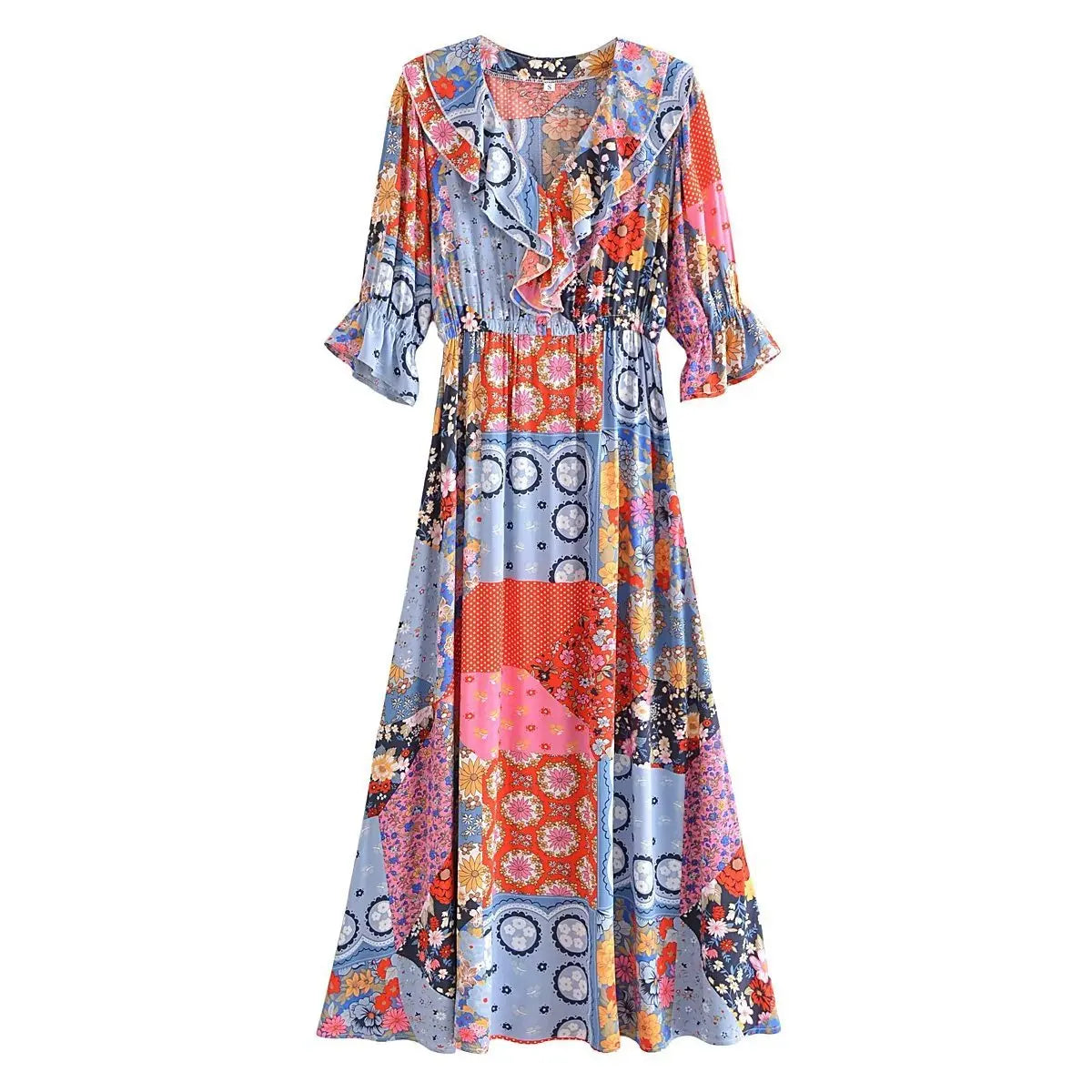 Boho Dresses- Boho Frill V-Neck 100% Viscose Dress Floral Print- Red- IndioGear.com