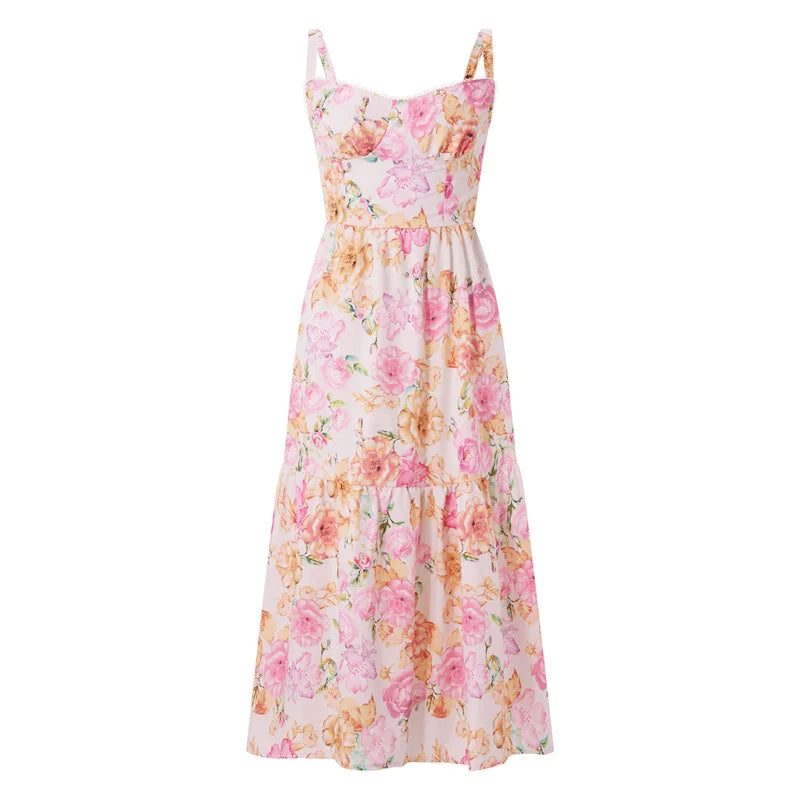 Boho Dresses- Boho Garden Parties Floral Cami Midi Dress- Pink Floral Print- IndioGear.com