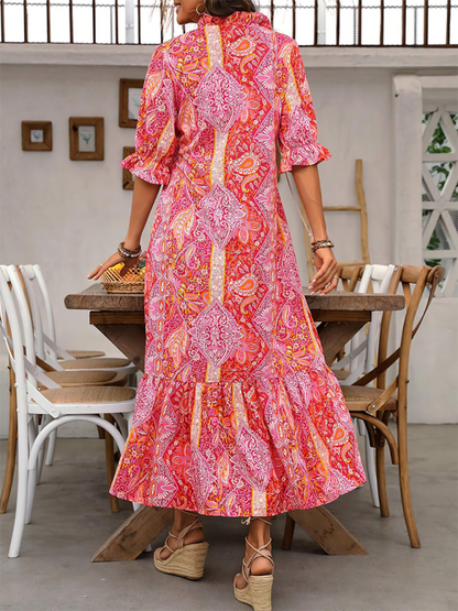 Boho Dresses- Casual Boho Paisley V-Neck Dress with Elbow Sleeves for Family Gatherings- - IndioGear.com