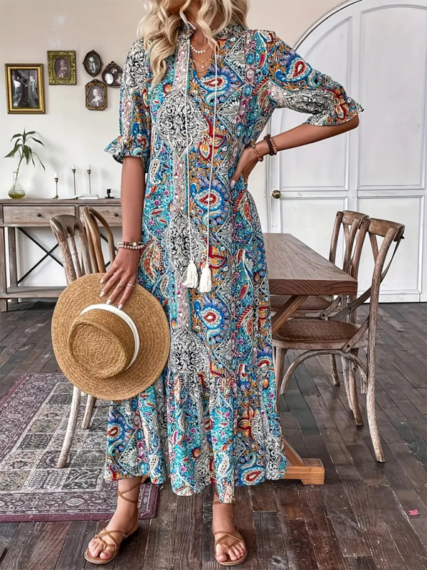 Boho Dresses- Casual Boho Paisley V-Neck Dress with Elbow Sleeves for Family Gatherings- - IndioGear.com