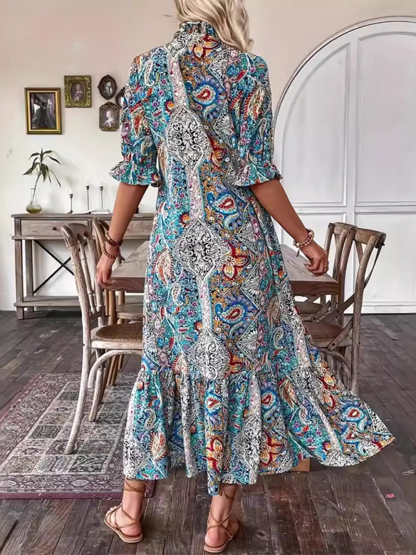 Boho Dresses- Casual Boho Paisley V-Neck Dress with Elbow Sleeves for Family Gatherings- - IndioGear.com