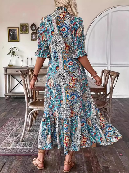 Boho Dresses- Casual Boho Paisley V-Neck Dress with Elbow Sleeves for Family Gatherings- - IndioGear.com